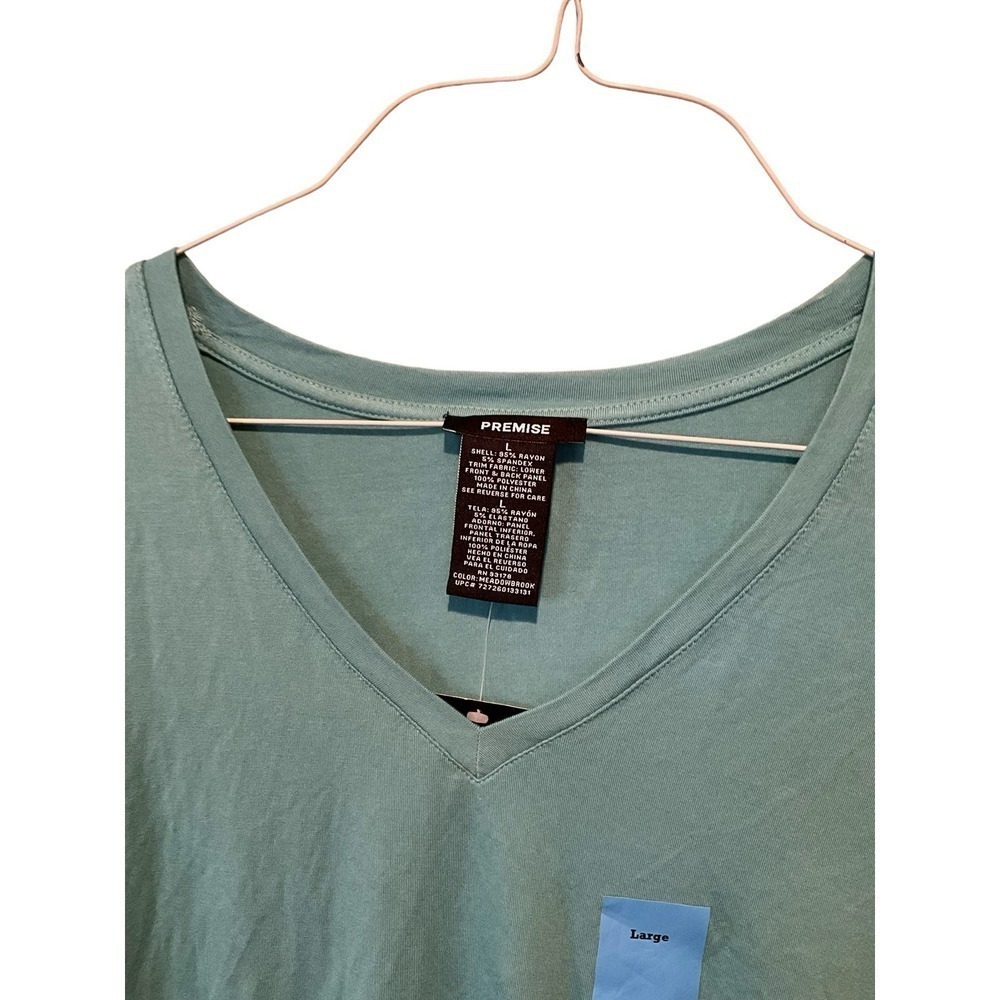 Premise Top Women's Large Teal Rayon V-Neck High Low Hem Short‎ Sleeve Pullover - Picture 3 of 4